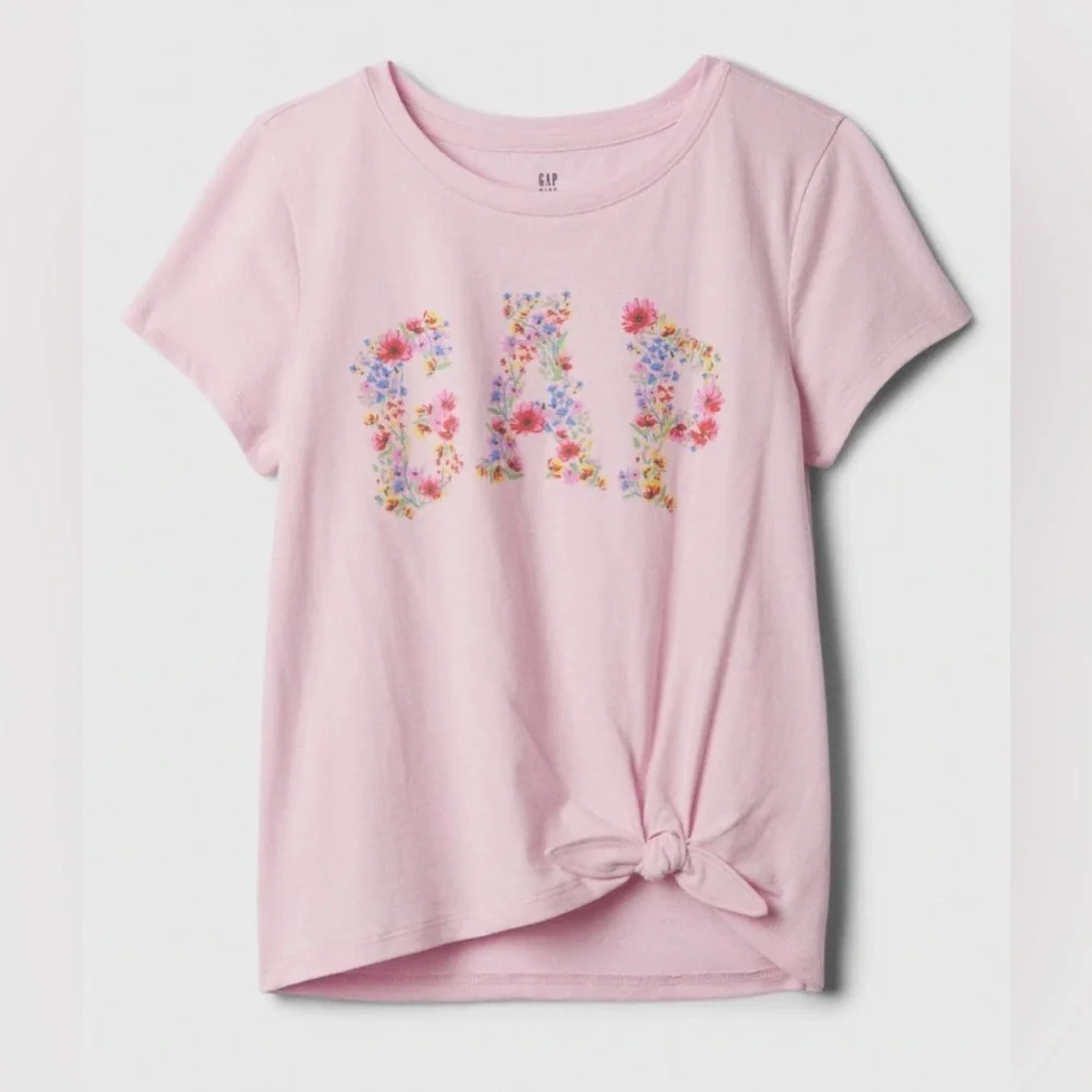 Gap - NEW - Kids Logo Knot-Tie T-Shirt. Color: Pink Floral. XXL (14-16)